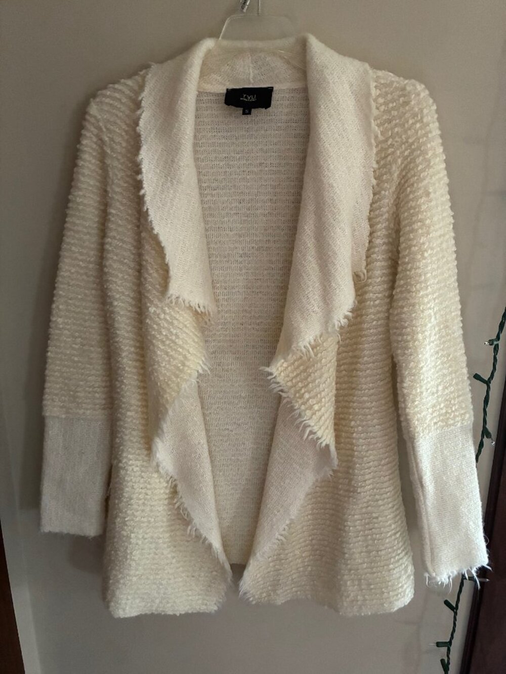 TYLI Cardigan Sweater- Wool blend, open-front fringe sweater